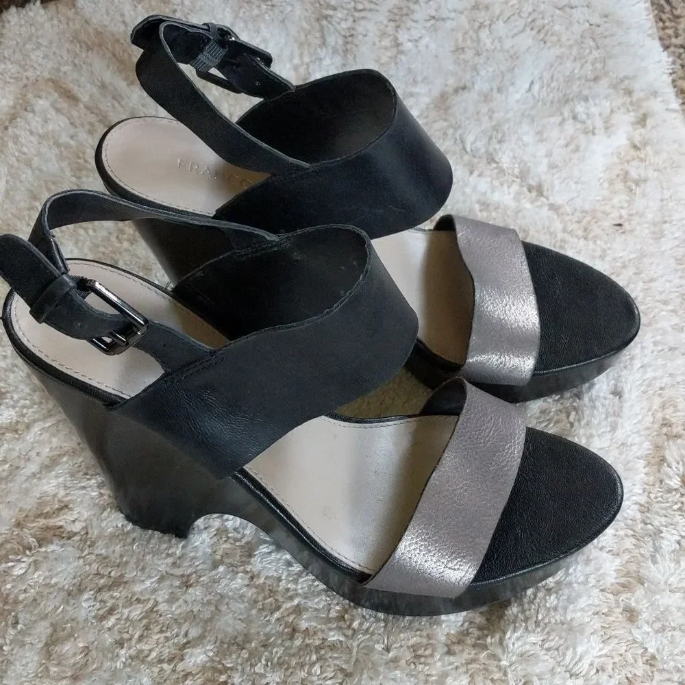 Franco Sarto Silver and Black Leather Platform Sandals